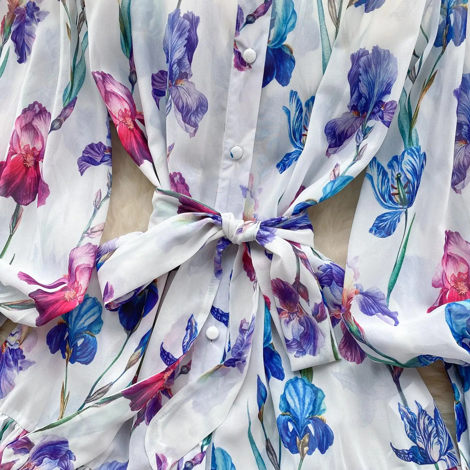 Basic Casual Dresses Summer Runway Holiday Boho Short Dress Women Clothing Turleneck Long Lantern Sleeve Flower Print Belted Blue Mini Chiffon Vestido