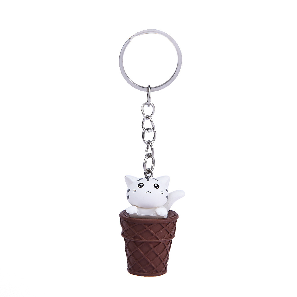 Cartoon Design Animal Keychains Little Ice Cream Cat Pendant Key Rings Cute Kawaii Kitten Car Key Chains Trinket Bag Charm Gift Keyrings DIY Jewelry A