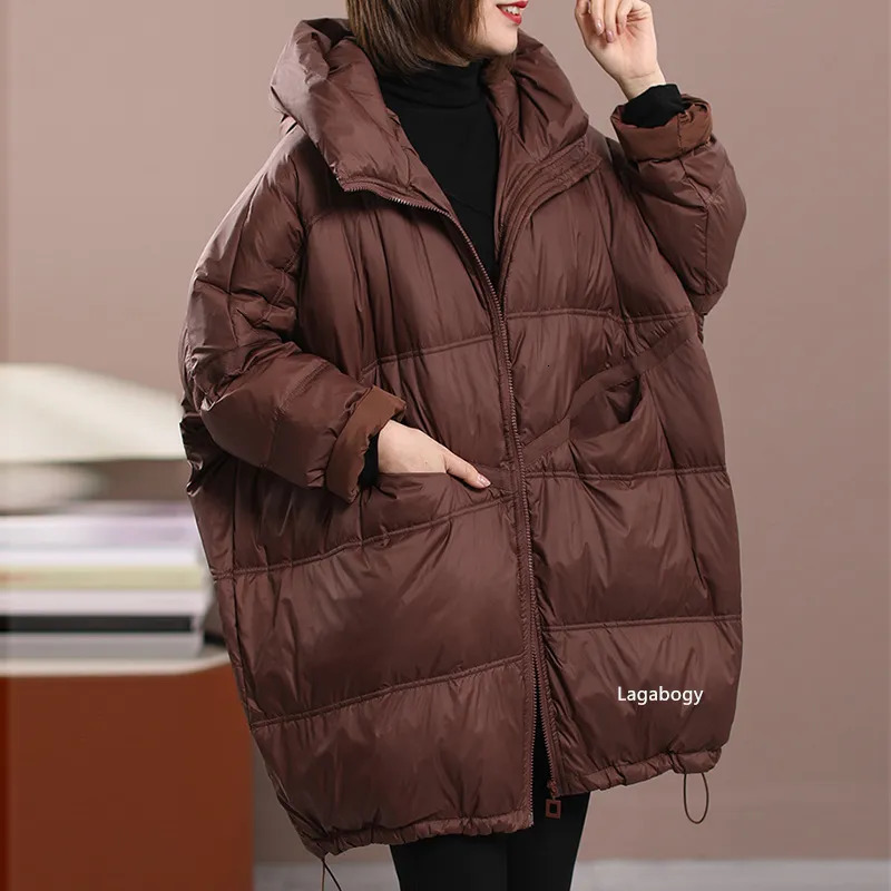 Women's Down Parkas Lagabogy 2023 Winter Women White Duck Loose Jacket With Hood Female Thick Warm Outwear Casual Over Size Patchwork Coats 23101
