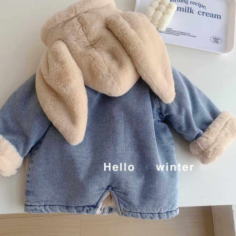 Down Coat Jacket for Girls Boy Children's Denim Jackets Baby Cute Rabbit Ear Hooded Velvet Thick Warm Coat Kids Winter Outerwear Clothes J231013