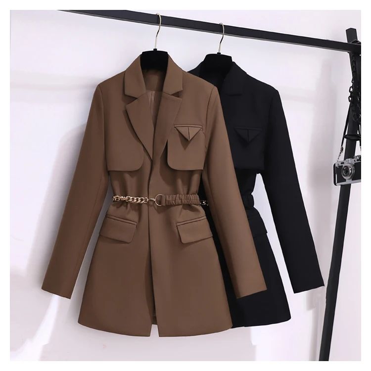 Jackets Clothing Autumn Winter Office Ladies Elegant Solid Jacket Coat Women Long Sleeve High Waist Metal Belt Blazer Outerwear