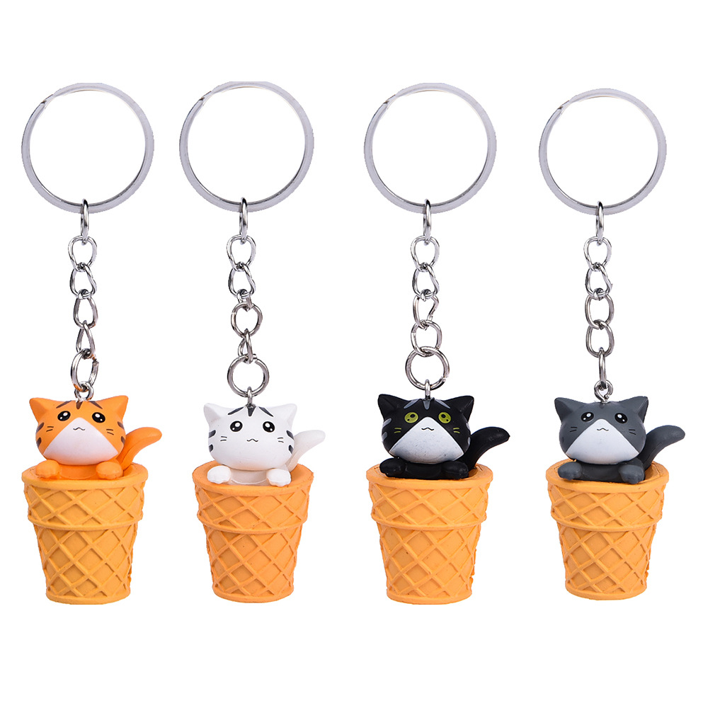 Cartoon Design Animal Keychains Little Ice Cream Cat Pendant Key Rings Cute Kawaii Kitten Car Key Chains Trinket Bag Charm Gift Keyrings DIY Jewelry A