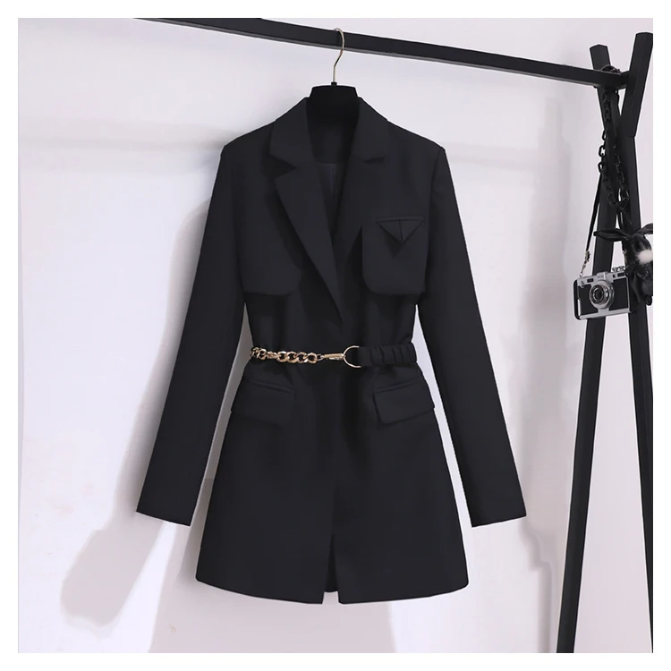 Jackets Clothing Autumn Winter Office Ladies Elegant Solid Jacket Coat Women Long Sleeve High Waist Metal Belt Blazer Outerwear