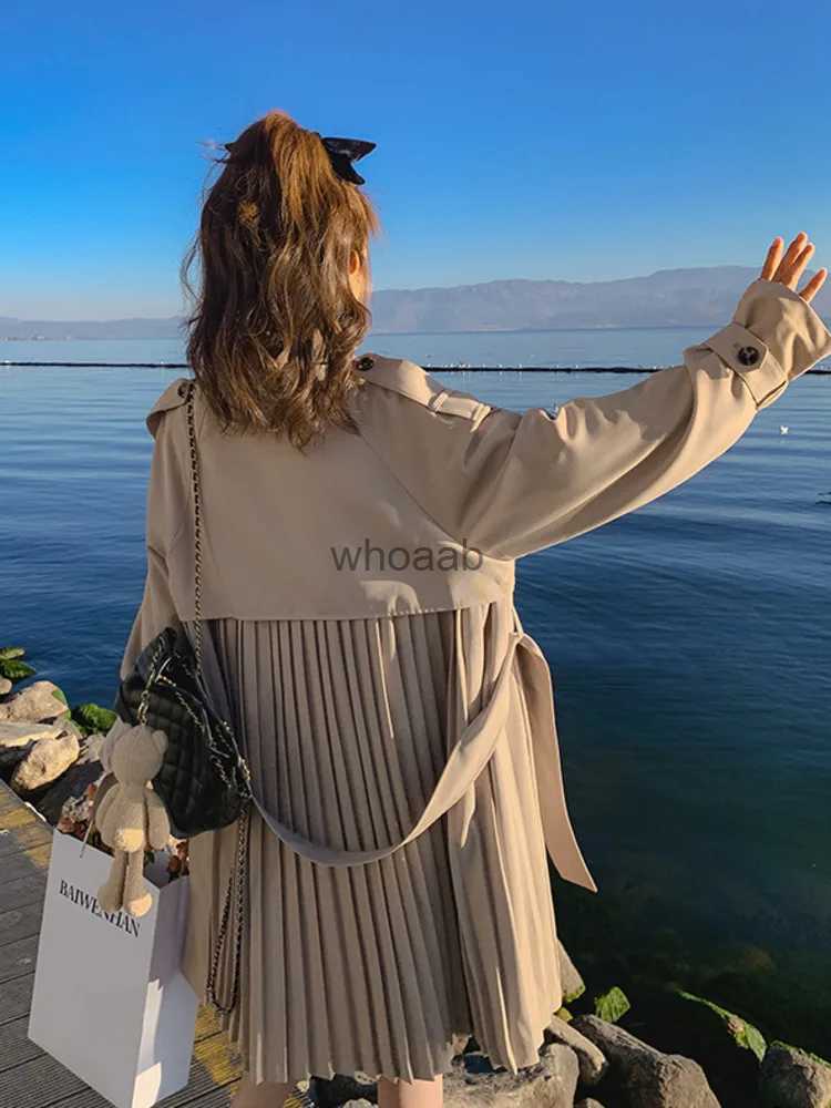 Women's Trench Coats LANMREM Designer Back Trench Belt Coat For Women Laple Long Sleeves Solid Belt Coats Fashion Female Clothing 2023 New 2YA115