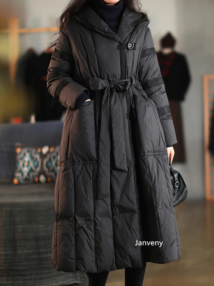 Women's Down Parkas Janveny Long Puffer Jacket Women Hooded Thick 90 Duck Coat With Belt Winter Clothing Female Feather 231013