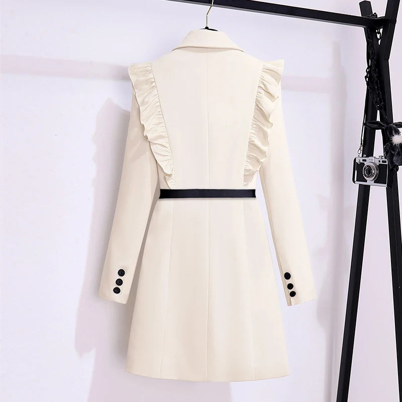 Basic Casual Dresses Autumn Runway Women Double Breasted Belt Blazers Coat Office Lady Ruffles Suit Collar Long Sleeve Korean Short Blazers Dress