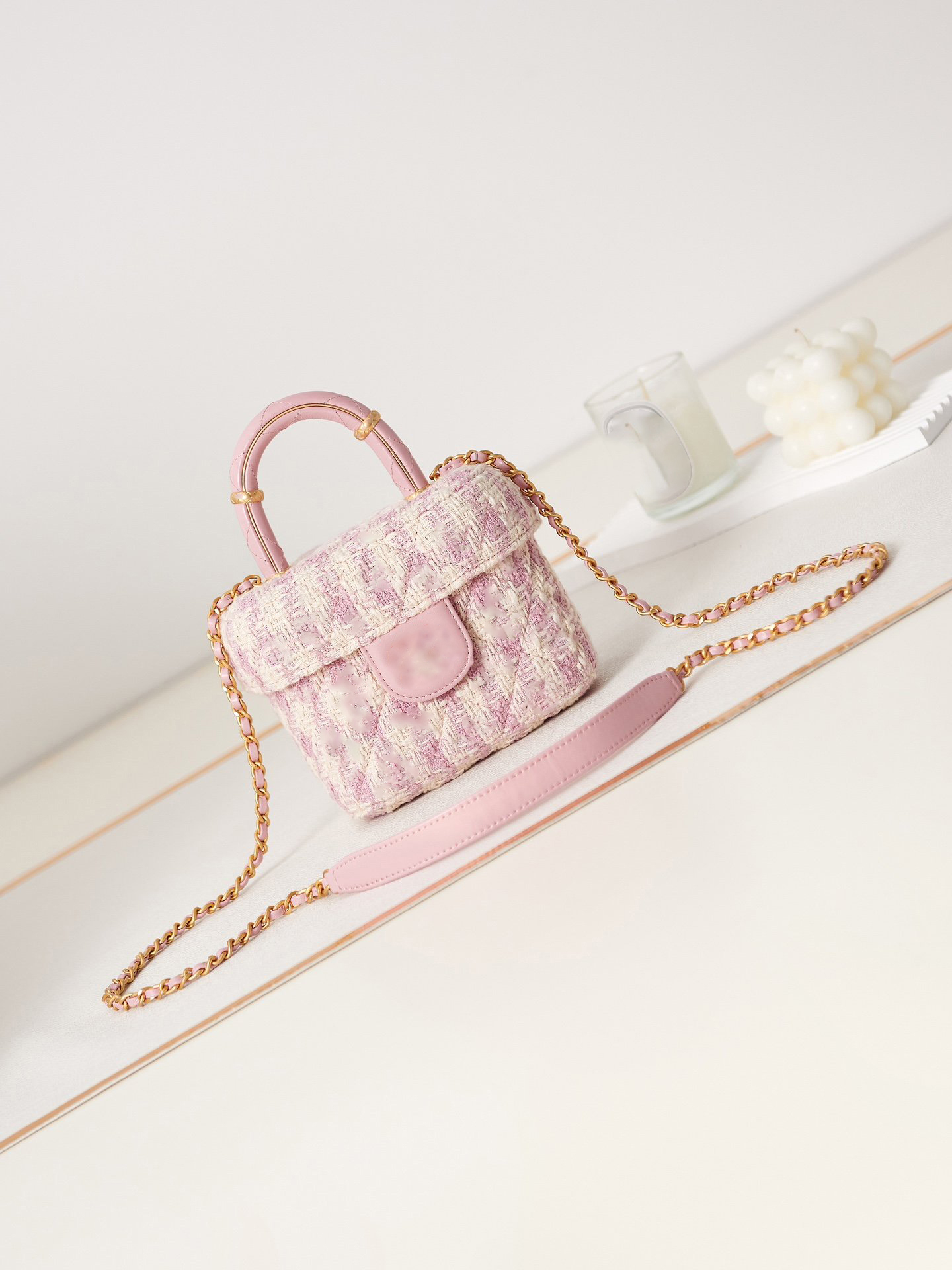 Women's Tweed Handbag with Gold Chain - Vintage Style Shoulder Tote Cosmetic Bag