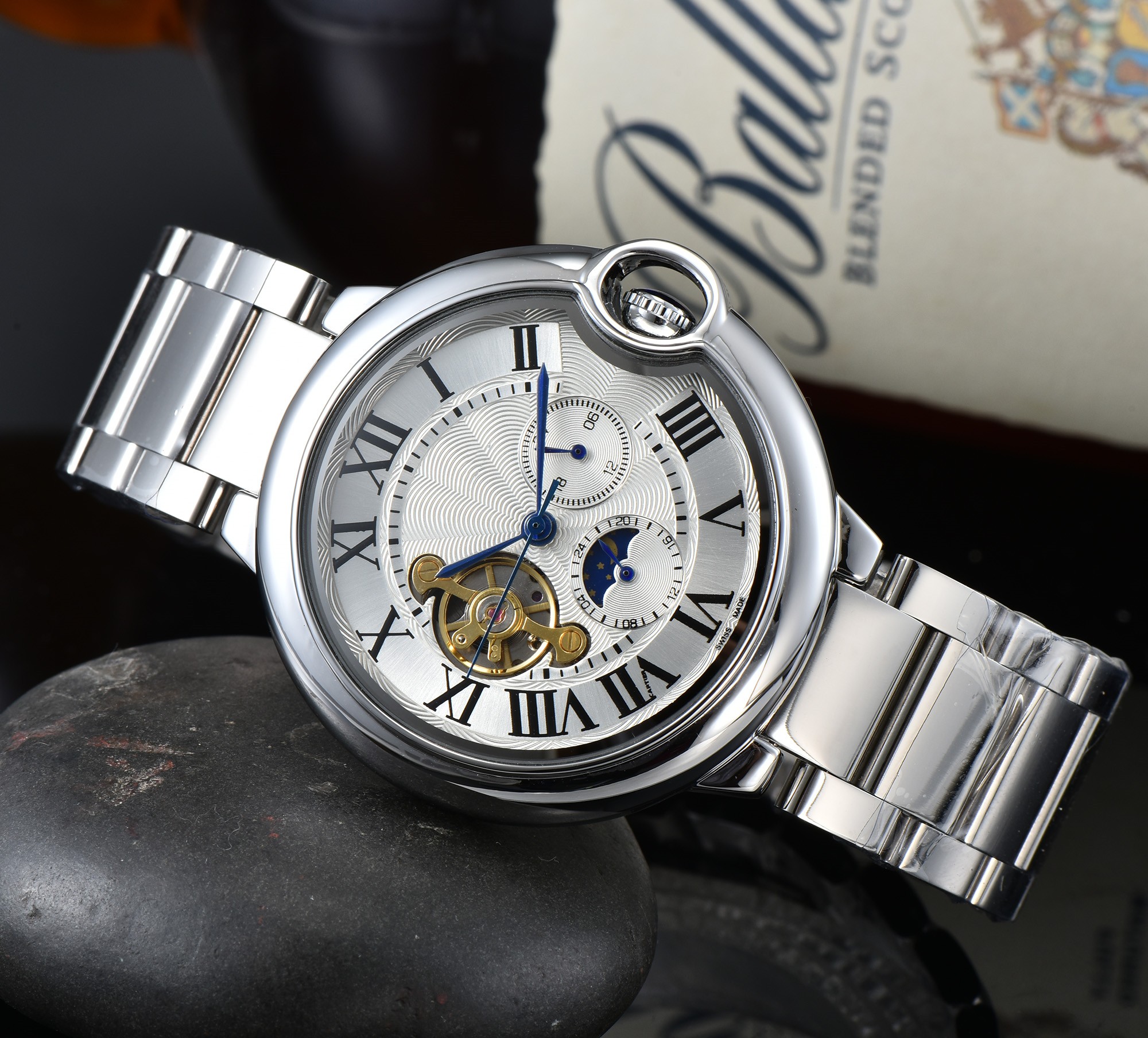 Luxury leather Men women band CARTER BLUE BALLON tourbillon Automatic mechanical movement tank wristwatches mens watch day date mens watches gifts heuerity