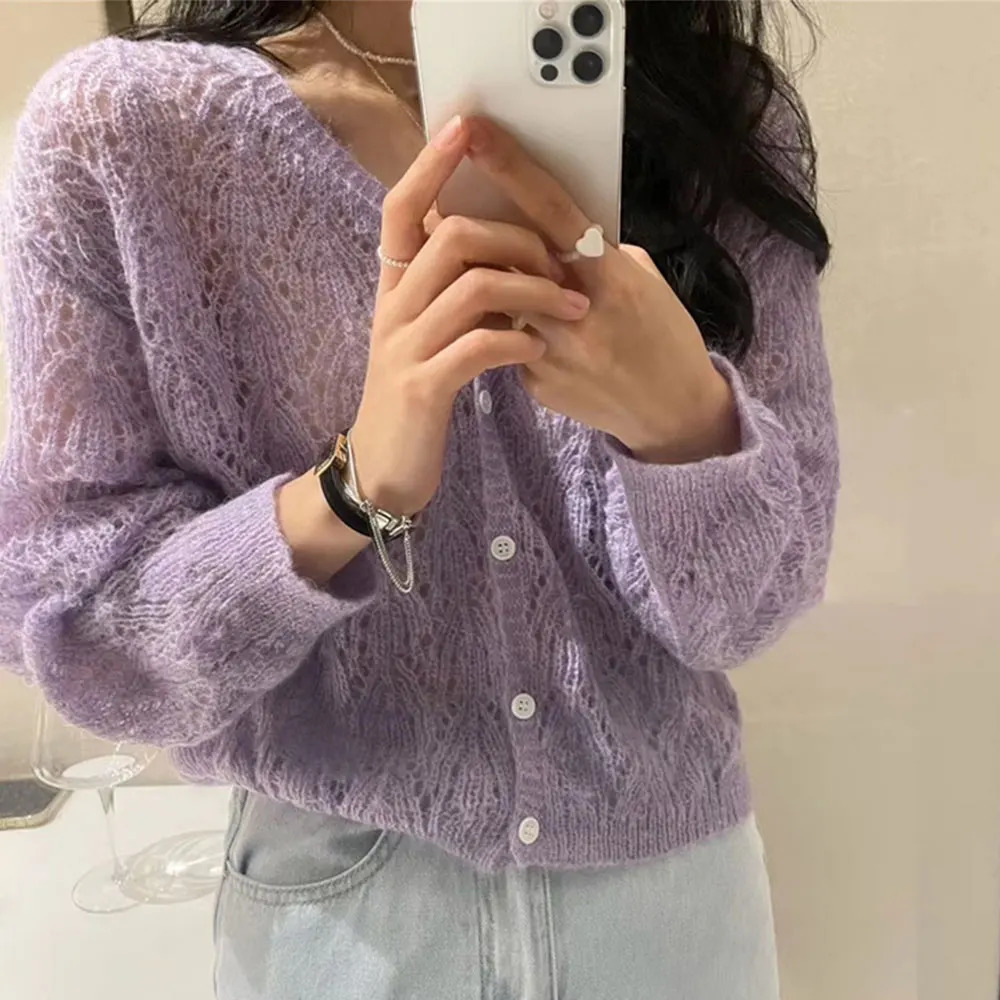 Womens Sweaters Women Elegant Long Sleeve Mohair Light Sweater Cardigan Autumn V Neck Hollow Out Knitted Coat Casual Soft Cropped Top Streetwear 23101