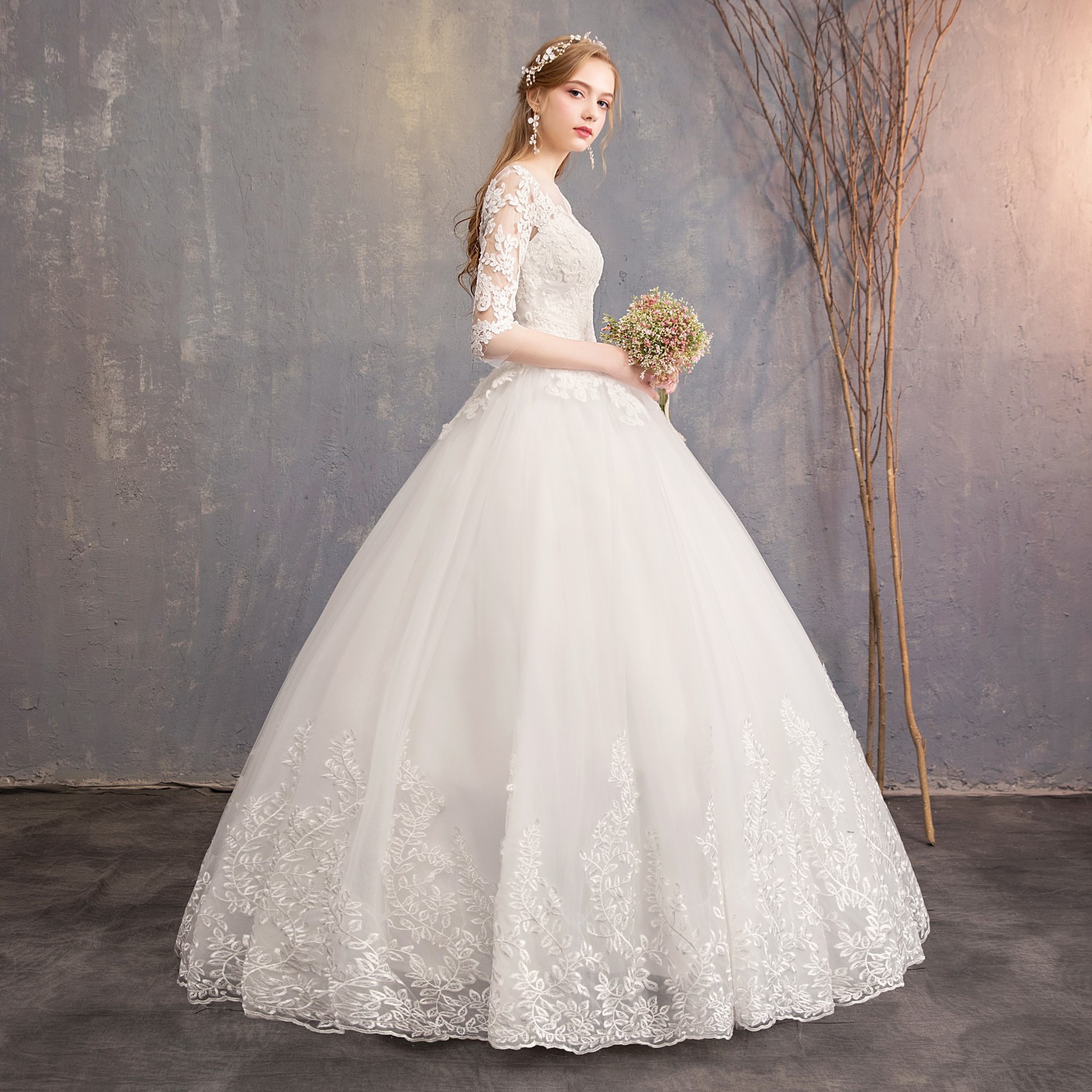 elegant boho Wedding Dresses lace Bridal Gown A Line Beaded Crystals Jewel Sheer Neck 3D Floral Applique Lace Tulle Sweep Train Beach Country vestidos