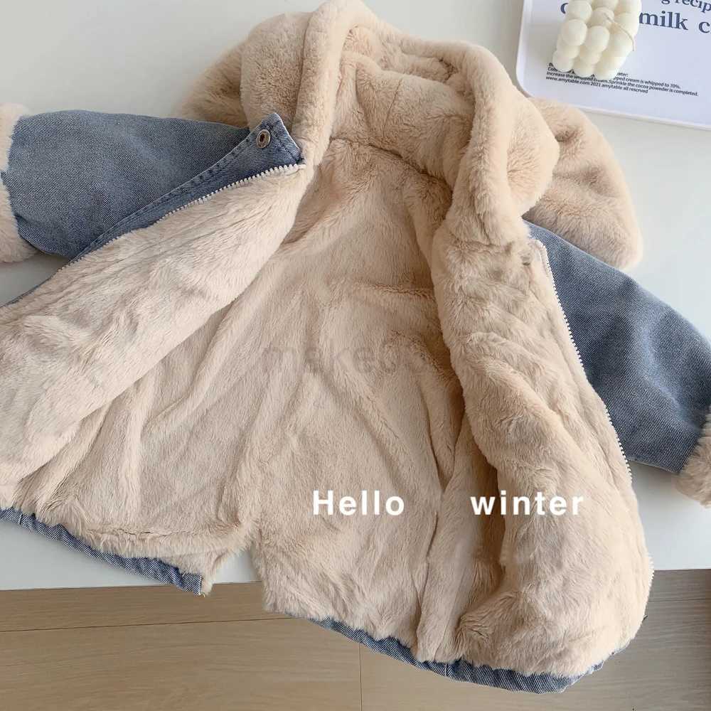 Down Coat Jacket for Girls Boy Children's Denim Jackets Baby Cute Rabbit Ear Hooded Velvet Thick Warm Coat Kids Winter Outerwear Clothes J231013