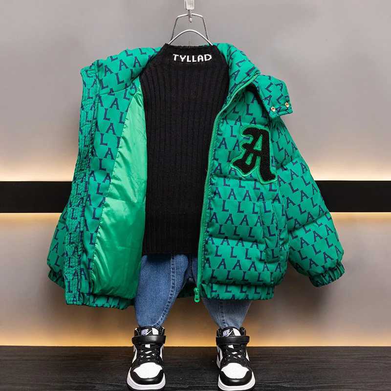 Down Coat Kids Down Cotton Clothes Thickened Big Letter Winter Teenage Boys Green Jacket Children Warm Hooded Padded Coat XMP275 J231013