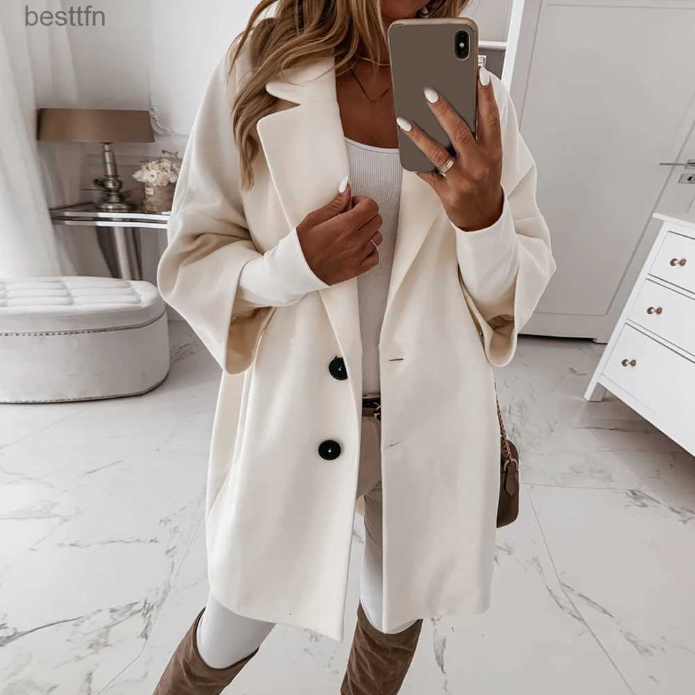 Women's Wool Blends 2020 Women Long Woolen Autumn Winter Coat Jacket Three Quarter Sleeve Loose Coat High Street Ofiice Ladies Long JacketL231014
