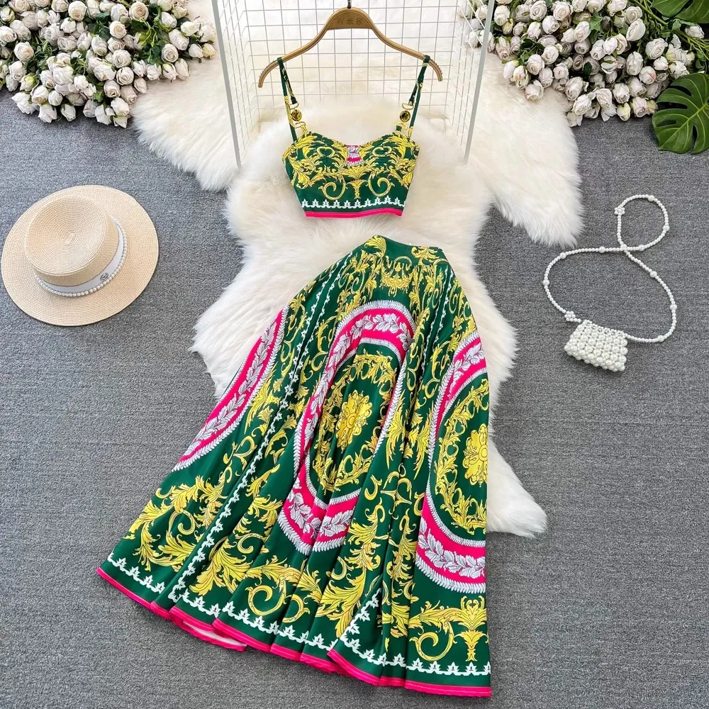 Two Piece Dress Designer Runway Fashion Sexy Two Piece Set Spaghetti Strap Cup Padded Short Top Vintage Print Long Skirt Suit Women New Summer