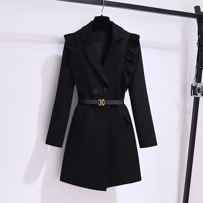 Basic Casual Dresses Autumn Runway Women Double Breasted Belt Blazers Coat Office Lady Ruffles Suit Collar Long Sleeve Korean Short Blazers Dress