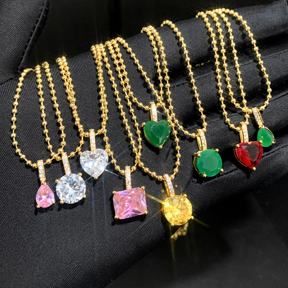 Gold Plated Water Drop Heart Round Sqare Shape Yellow Green Pink White Zircon Choker Necklace Hip Hop Women Full Paved 5A Cubic Zirconia Valentine Day
