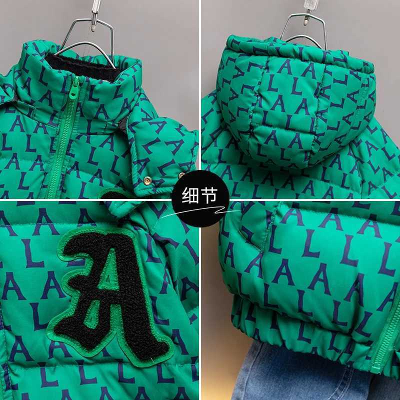 Down Coat Kids Down Cotton Clothes Thickened Big Letter Winter Teenage Boys Green Jacket Children Warm Hooded Padded Coat XMP275 J231013