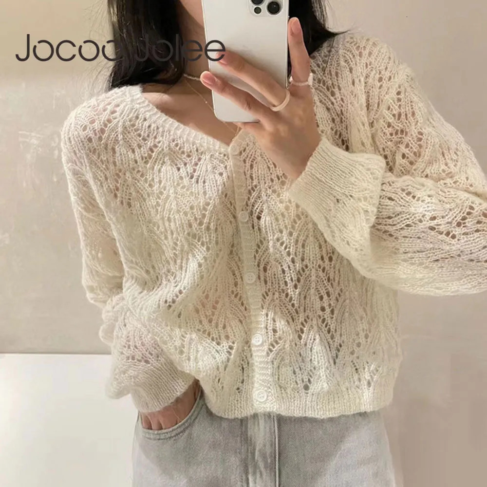 Womens Sweaters Women Elegant Long Sleeve Mohair Light Sweater Cardigan Autumn V Neck Hollow Out Knitted Coat Casual Soft Cropped Top Streetwear 23101