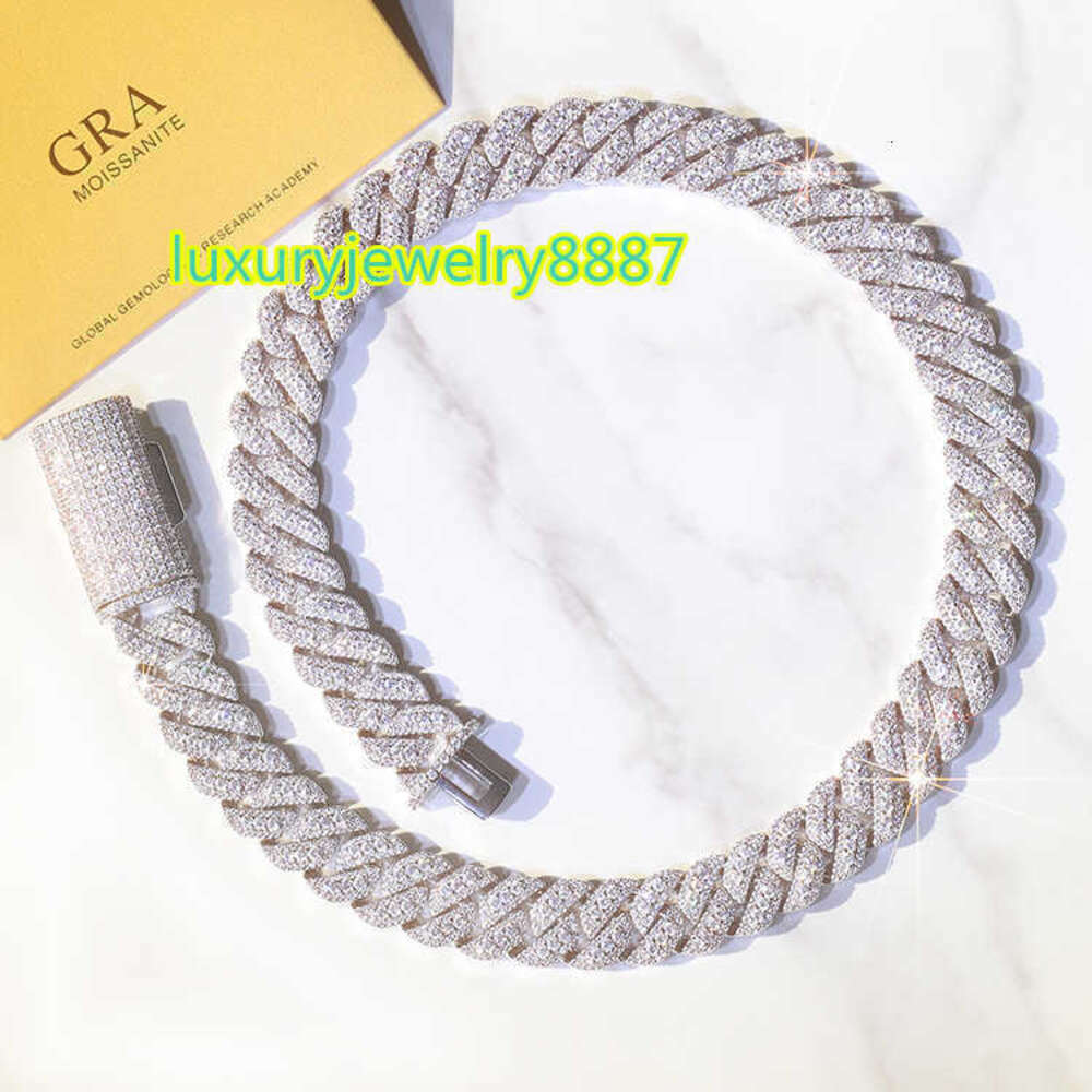 Customized wholesale price s Sterling sliver with GRA vvs Moissanite 15mm 3rows mens jewelry rapper necklace cuban link chain