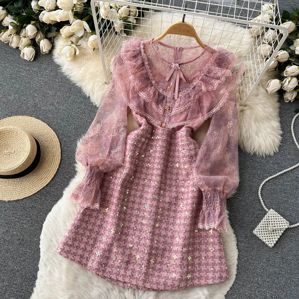 Basic Casual Dresses Runway Embroidery Sequins Tweed Dress Womens Ruffled Beaded Lantern Sleeve Pink Lace Patchwork Slim Vintage Dress Vestidos 2024