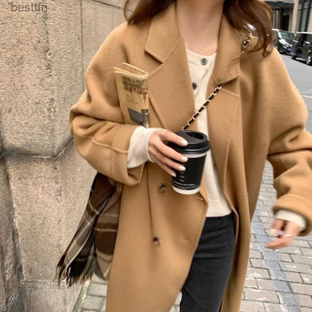Women's Wool Blends Stylish Women Woolen Overcoat Notch Collar Casual Oversized Lady Fall Coat Outerwear Lady Fall Coat Women ClothingL231014