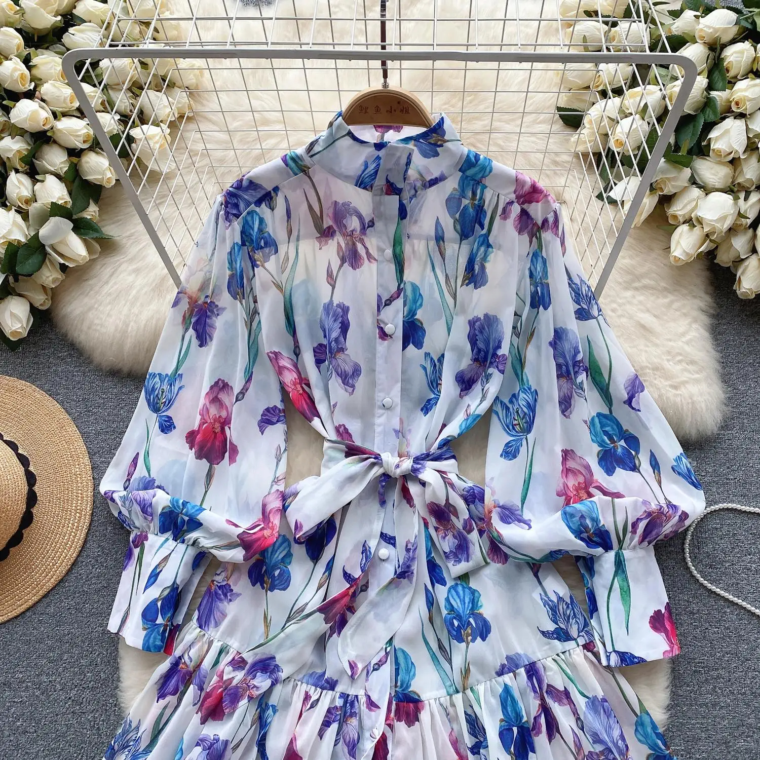 Basic Casual Dresses Summer Runway Holiday Boho Short Dress Women Clothing Turleneck Long Lantern Sleeve Flower Print Belted Blue Mini Chiffon Vestido