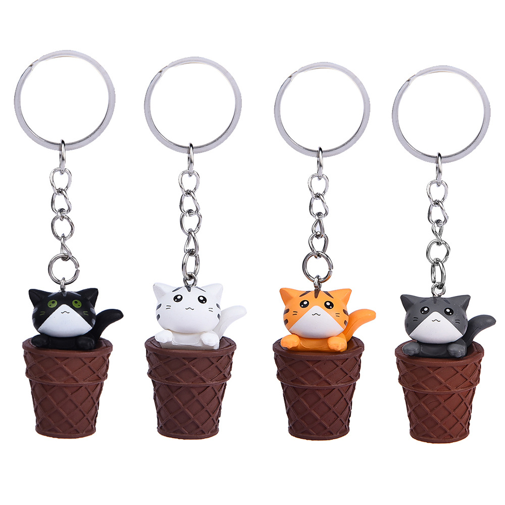 Cartoon Design Animal Keychains Little Ice Cream Cat Pendant Key Rings Cute Kawaii Kitten Car Key Chains Trinket Bag Charm Gift Keyrings DIY Jewelry A