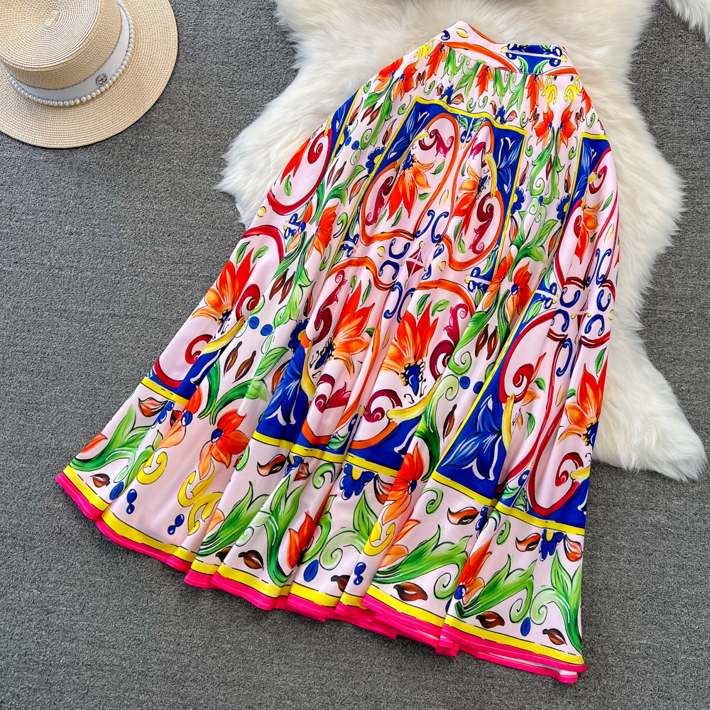 Two Piece Dress Designer Runway Fashion Sexy Two Piece Set Spaghetti Strap Cup Padded Short Top Vintage Print Long Skirt Suit Women New Summer