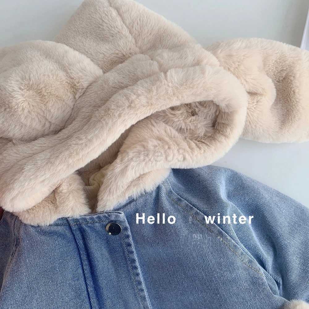 Down Coat Jacket for Girls Boy Children's Denim Jackets Baby Cute Rabbit Ear Hooded Velvet Thick Warm Coat Kids Winter Outerwear Clothes J231013