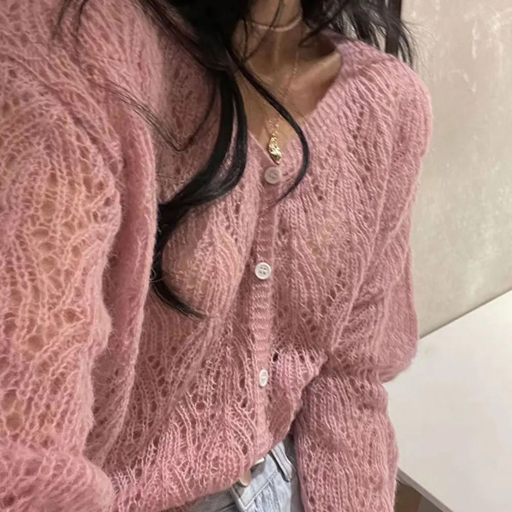 Womens Sweaters Women Elegant Long Sleeve Mohair Light Sweater Cardigan Autumn V Neck Hollow Out Knitted Coat Casual Soft Cropped Top Streetwear 23101