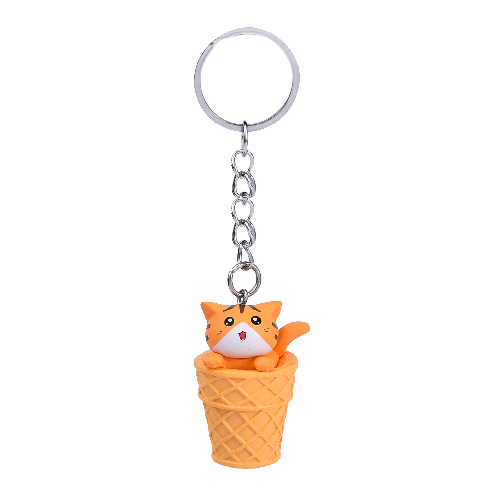 Cartoon Design Animal Keychains Little Ice Cream Cat Pendant Key Rings Cute Kawaii Kitten Car Key Chains Trinket Bag Charm Gift Keyrings DIY Jewelry A