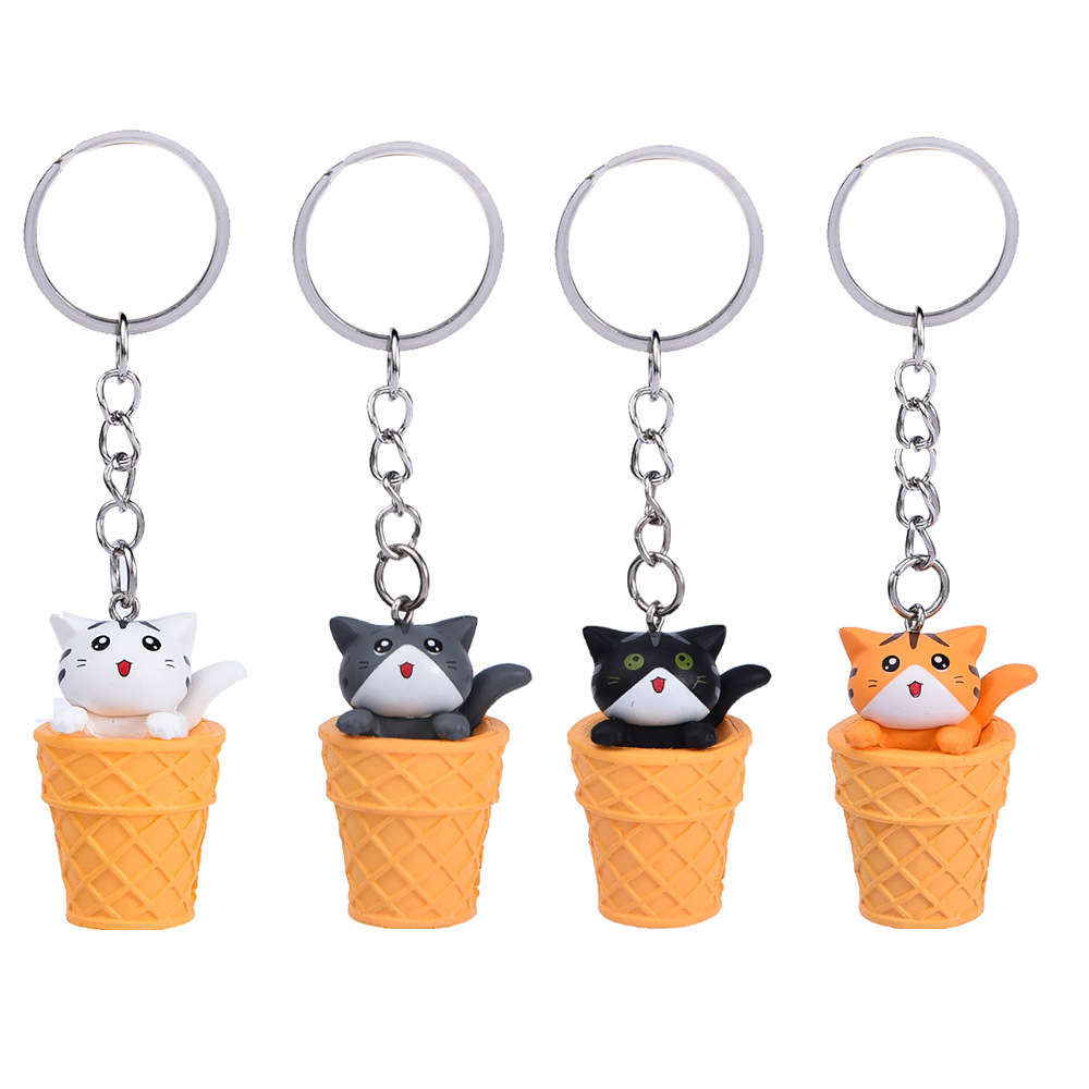 Cartoon Design Animal Keychains Little Ice Cream Cat Pendant Key Rings Cute Kawaii Kitten Car Key Chains Trinket Bag Charm Gift Keyrings DIY Jewelry A