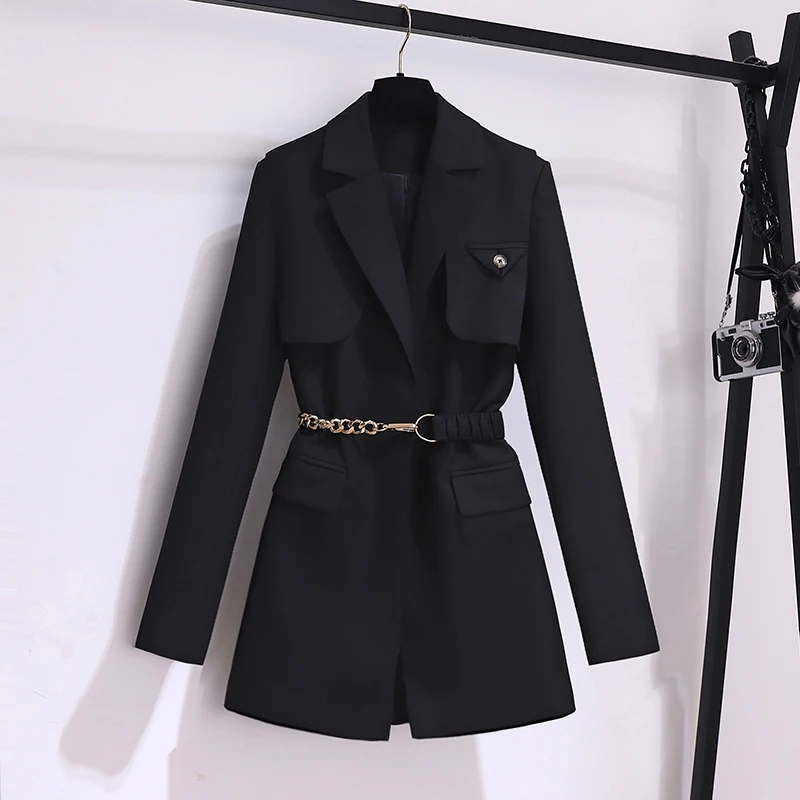 Jackets Clothing Autumn Winter Office Ladies Elegant Solid Jacket Coat Women Long Sleeve High Waist Metal Belt Blazer Outerwear