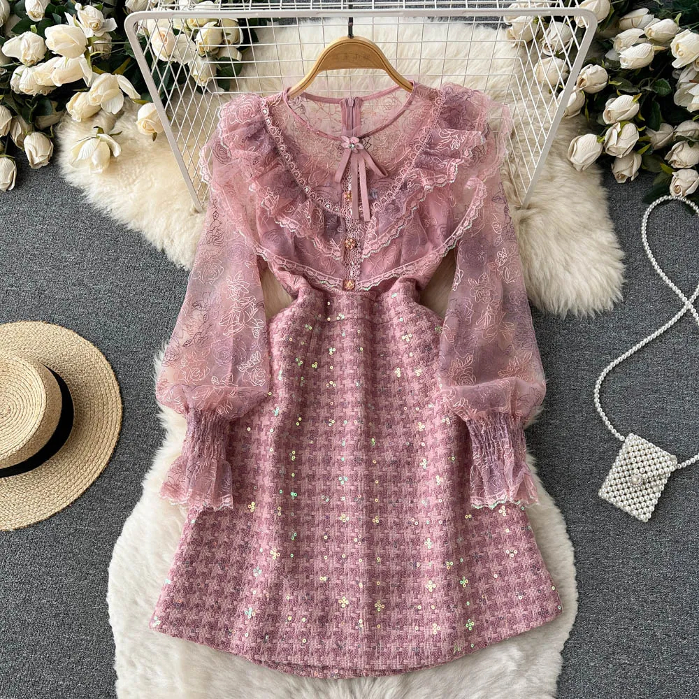 Basic Casual Dresses Runway Embroidery Sequins Tweed Dress Womens Ruffled Beaded Lantern Sleeve Pink Lace Patchwork Slim Vintage Dress Vestidos 2024
