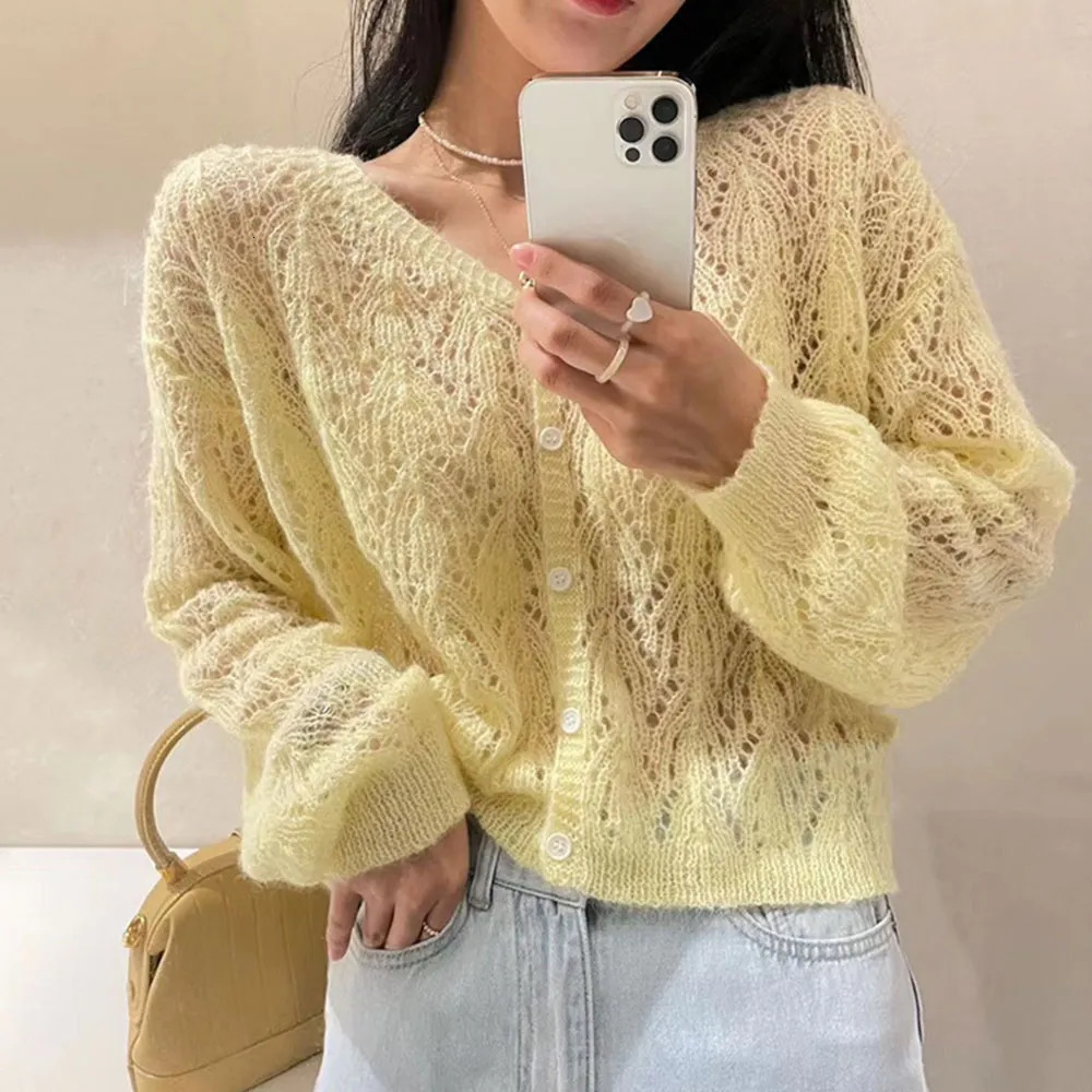 Womens Sweaters Women Elegant Long Sleeve Mohair Light Sweater Cardigan Autumn V Neck Hollow Out Knitted Coat Casual Soft Cropped Top Streetwear 23101