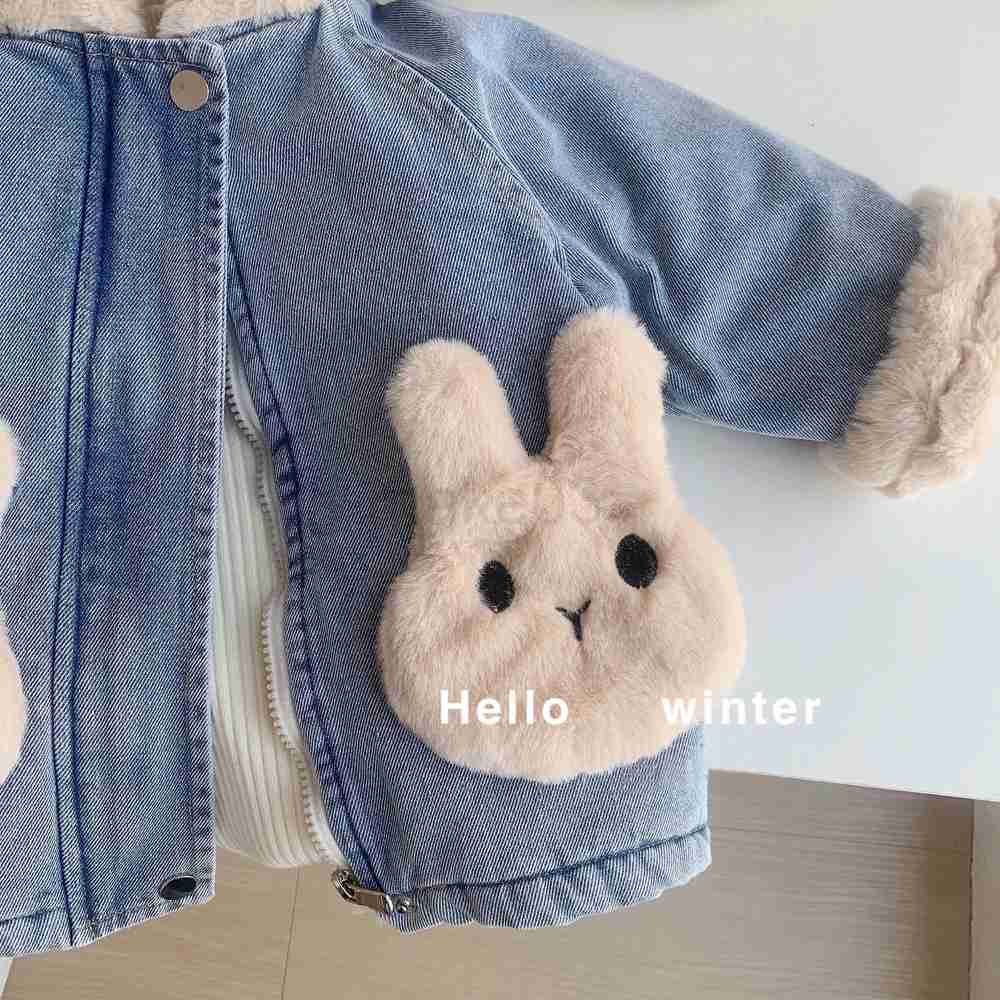 Down Coat Jacket for Girls Boy Children's Denim Jackets Baby Cute Rabbit Ear Hooded Velvet Thick Warm Coat Kids Winter Outerwear Clothes J231013
