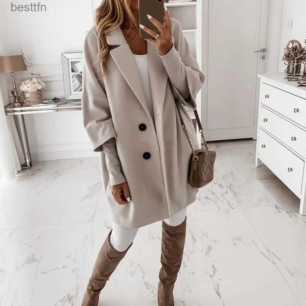 Women's Wool Blends 2020 Women Long Woolen Autumn Winter Coat Jacket Three Quarter Sleeve Loose Coat High Street Ofiice Ladies Long JacketL231014