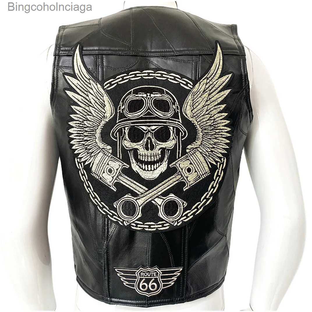 Men's Vests 2023 New Motorcycle Leather Vest Fashion Embroidery Sleeveless Jacket Four Seasons Men Biker Locomotive Punk for Men Veste WestL23101