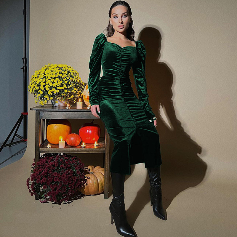 Elegant Vintage Style European and American Womens Dress with Slim Fit and Long Sleeves AST585287