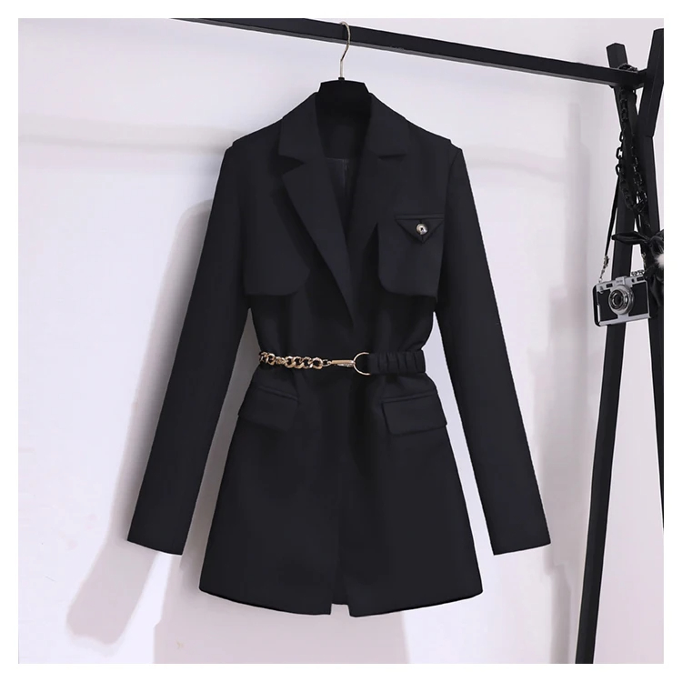 Jackets Clothing Autumn Winter Office Ladies Elegant Solid Jacket Coat Women Long Sleeve High Waist Metal Belt Blazer Outerwear