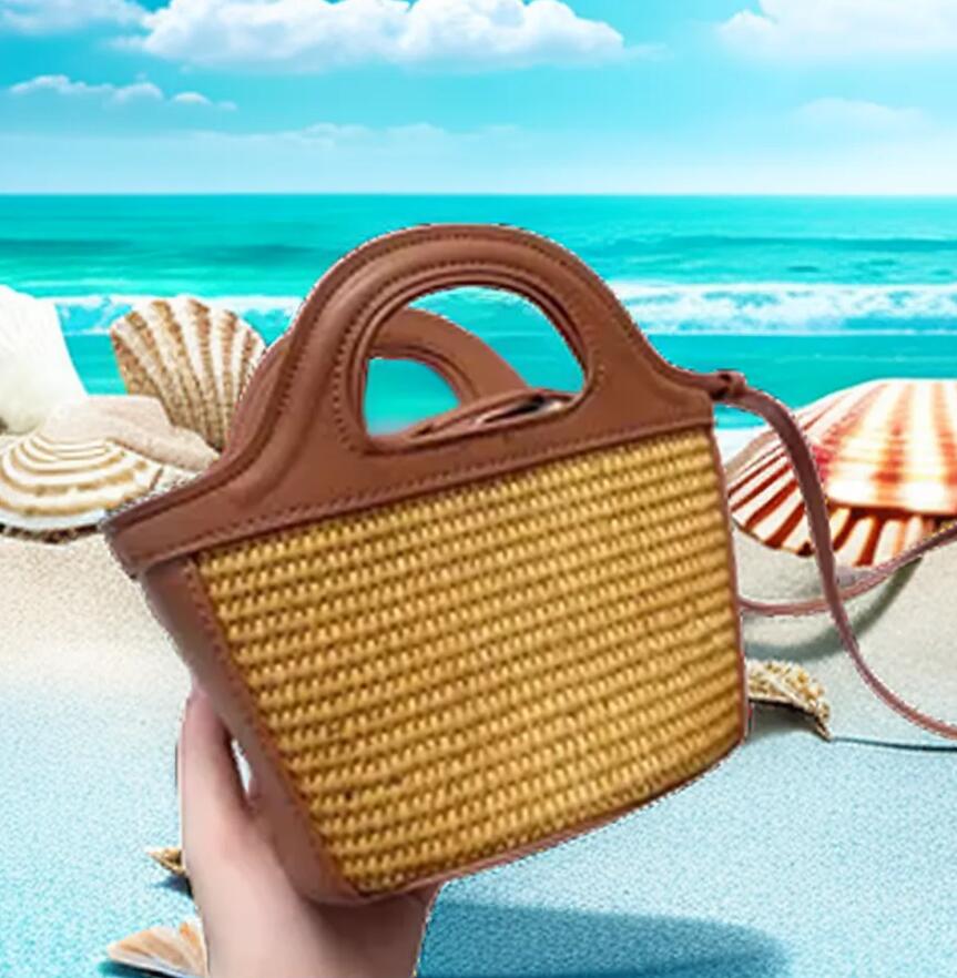 2023 High Repurchase Rate Beach Vacation Outdoor Women's Cowhide Woven Bag Brown White Two Handed Handle Single Shoulder Crossbody Handbag Brand Casual Fashion
