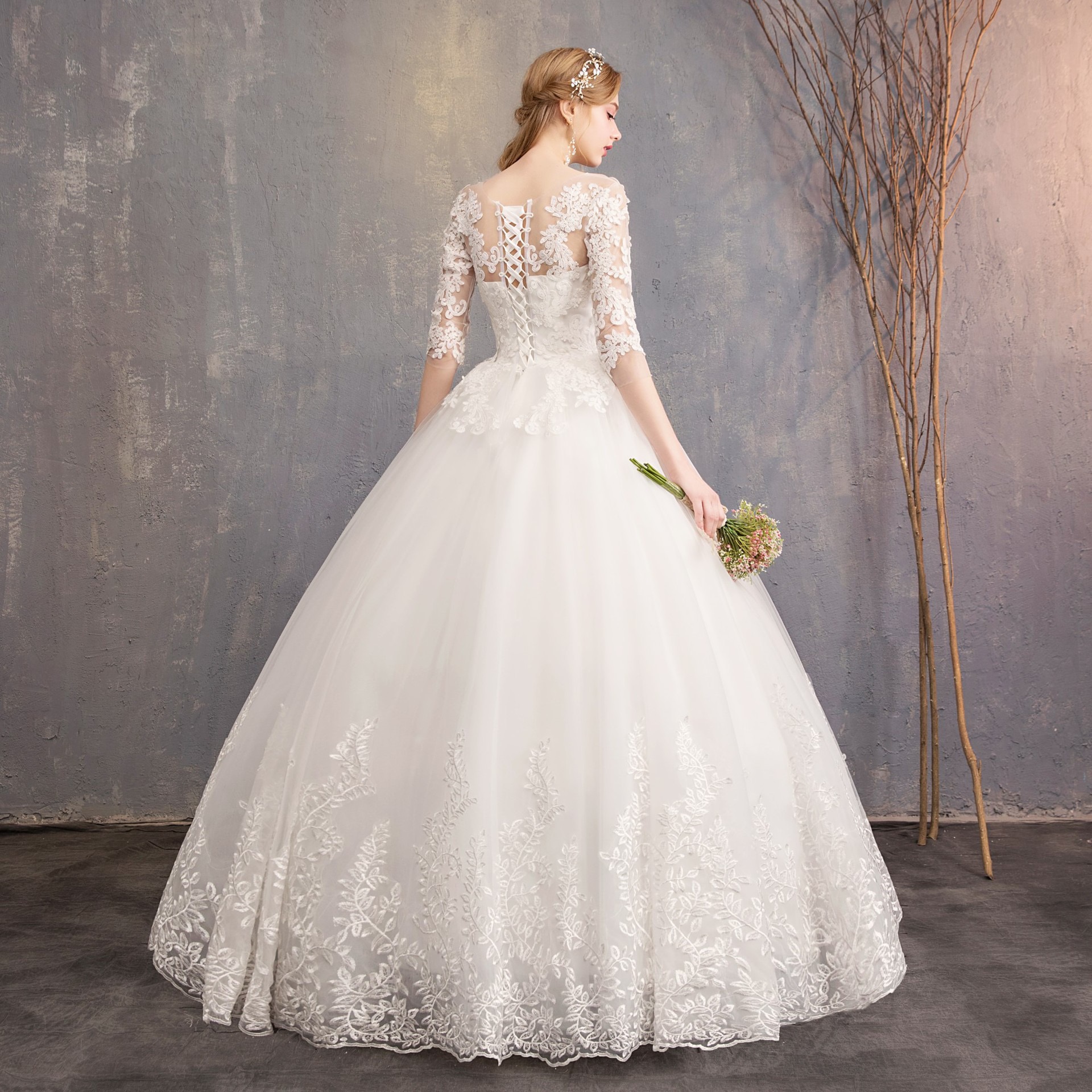 elegant boho Wedding Dresses lace Bridal Gown A Line Beaded Crystals Jewel Sheer Neck 3D Floral Applique Lace Tulle Sweep Train Beach Country vestidos