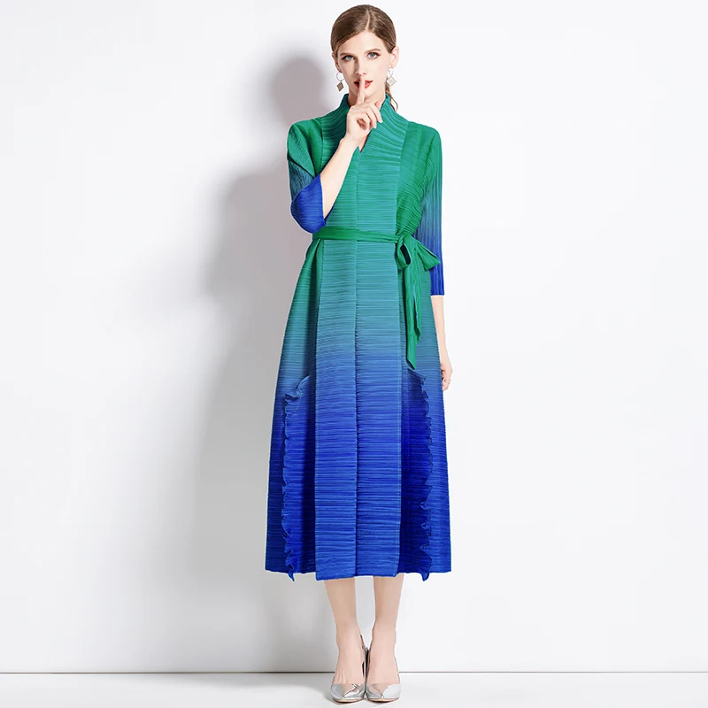 Womens Outerwear WomenTrench Coats Winter Clothes Spring Contrast Color Miyake Pleated Dress for Women Open Stitch Belt A-Line Midi Dress Ladies Party