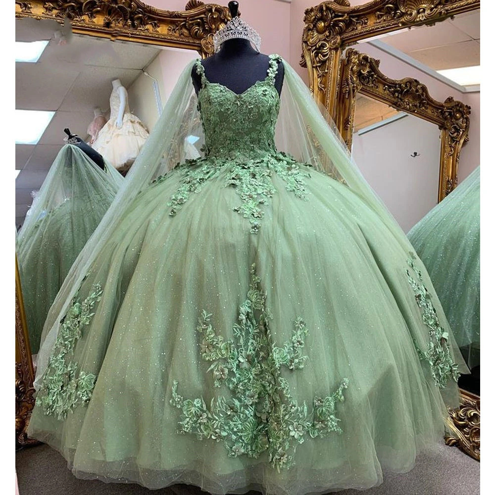 2024 Elegant Princess Quinceanera Dresses With Cape Wrap 3D Floral Lace Appliques Long Glitter Sequin Sage Tulle Prom Occasion Gowns Sweet 16 Party Dr