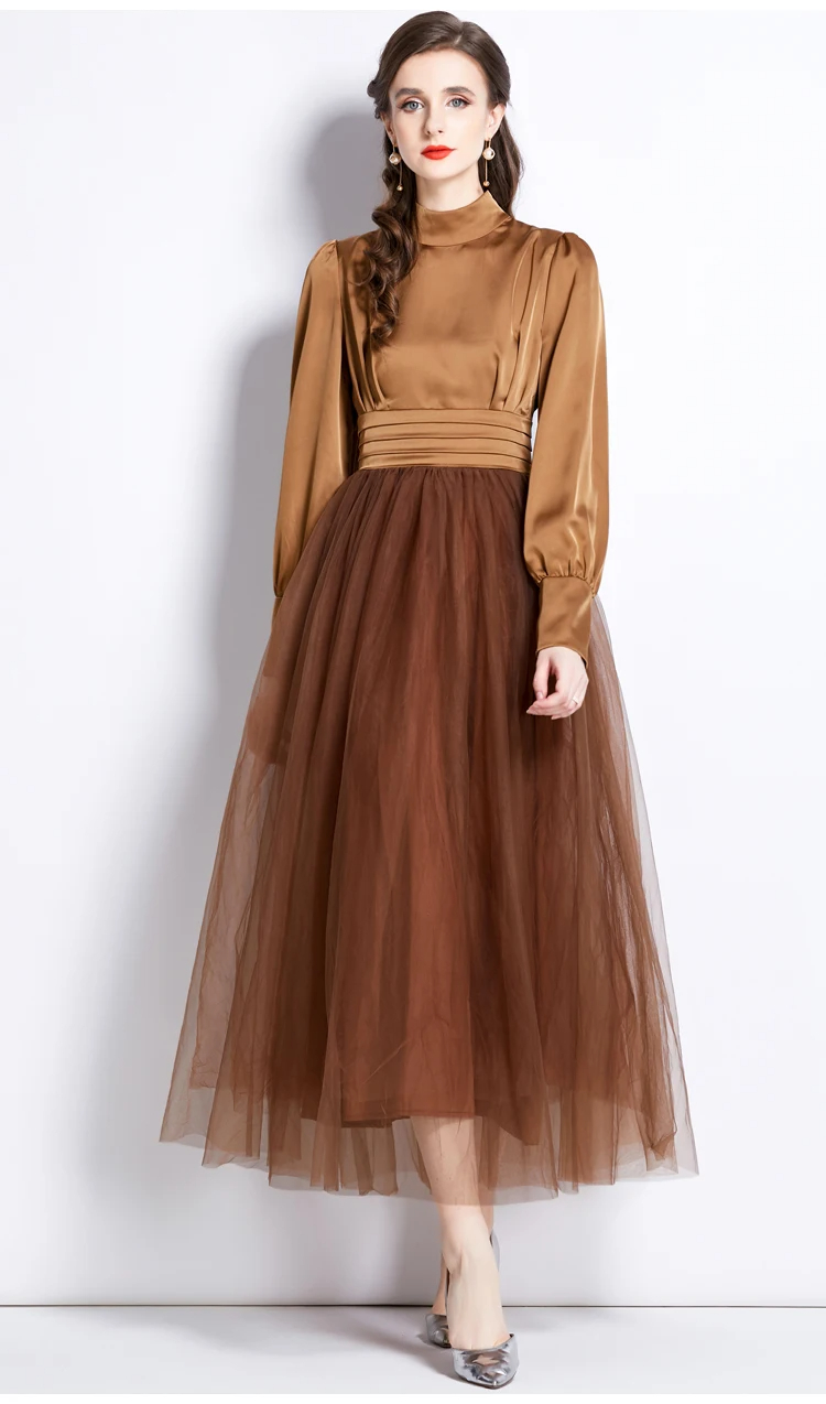 Basic Casual Dresses Fashion Runway Design High Waist Lantern Sleeve Vintage Elegant Party Dresses Womens Stand Collar Mesh Patchwork Princess Dress 2