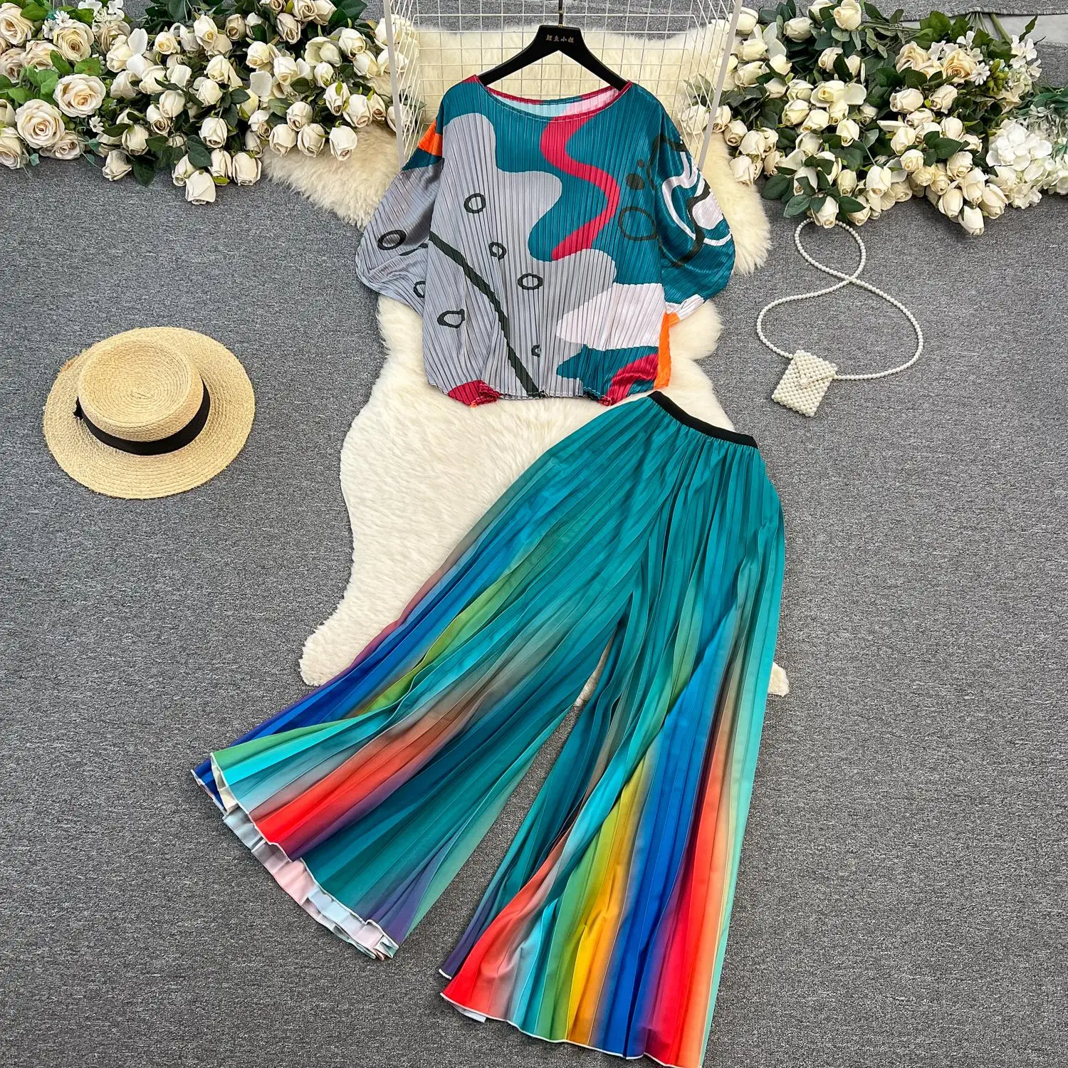 Woman Two Piece Pants Pleated Suit Women Batwing Sleeve Printed Loose Tops and Gradient Print Wide Leg Trouser Runway 2 Pieces Pant Set 2024