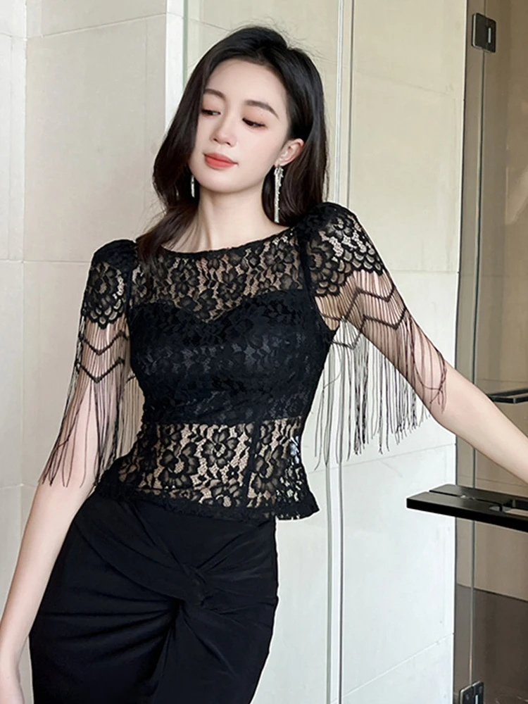 Women's Sweaters French Chic Elegant T-shirt Black Perspective Tassel Sleeves Tops Sexy Lace Blouse Hook Floral Tees Party Prom Blouse Lady 2024