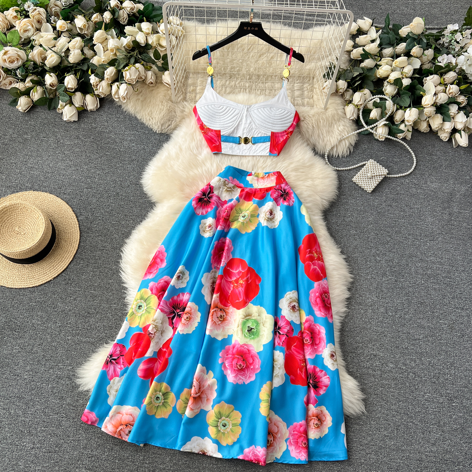 Dress Women Two Piece Set Summer Holiday Runway Spaghetti Padded Cup Zipper Strap Print Short Crop Top + Long Skirt Suits 2025