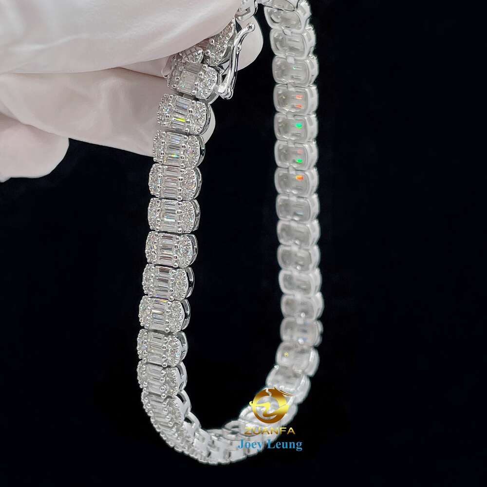 New Style Fine Jewelry 8mm Width Vvs Moissanite Dia Sier Iced Out Tennis Bracelet Baguette
