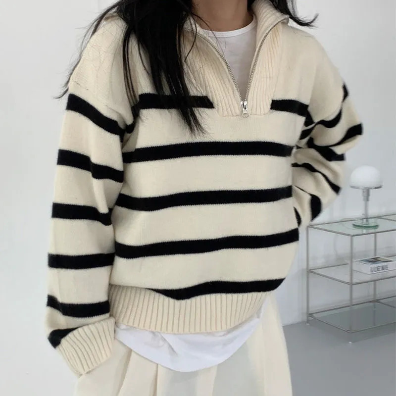 Womens Sweaters Striped Fashion Women Sweaters Autumn Winter Pullovers Korean Knitwears Long Sleeve Zipper Knit Top Ladies Sweater Jumper 231013